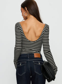 back view of model wearing Princess Polly Donica Square Neck Long Sleeve Bodysuit Grey Stripe Long Sleeve Tops 