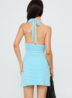 back view of model wearing Princess Polly Sooner Or Later Halter Mini Dress Blue Stripe Plunger 
