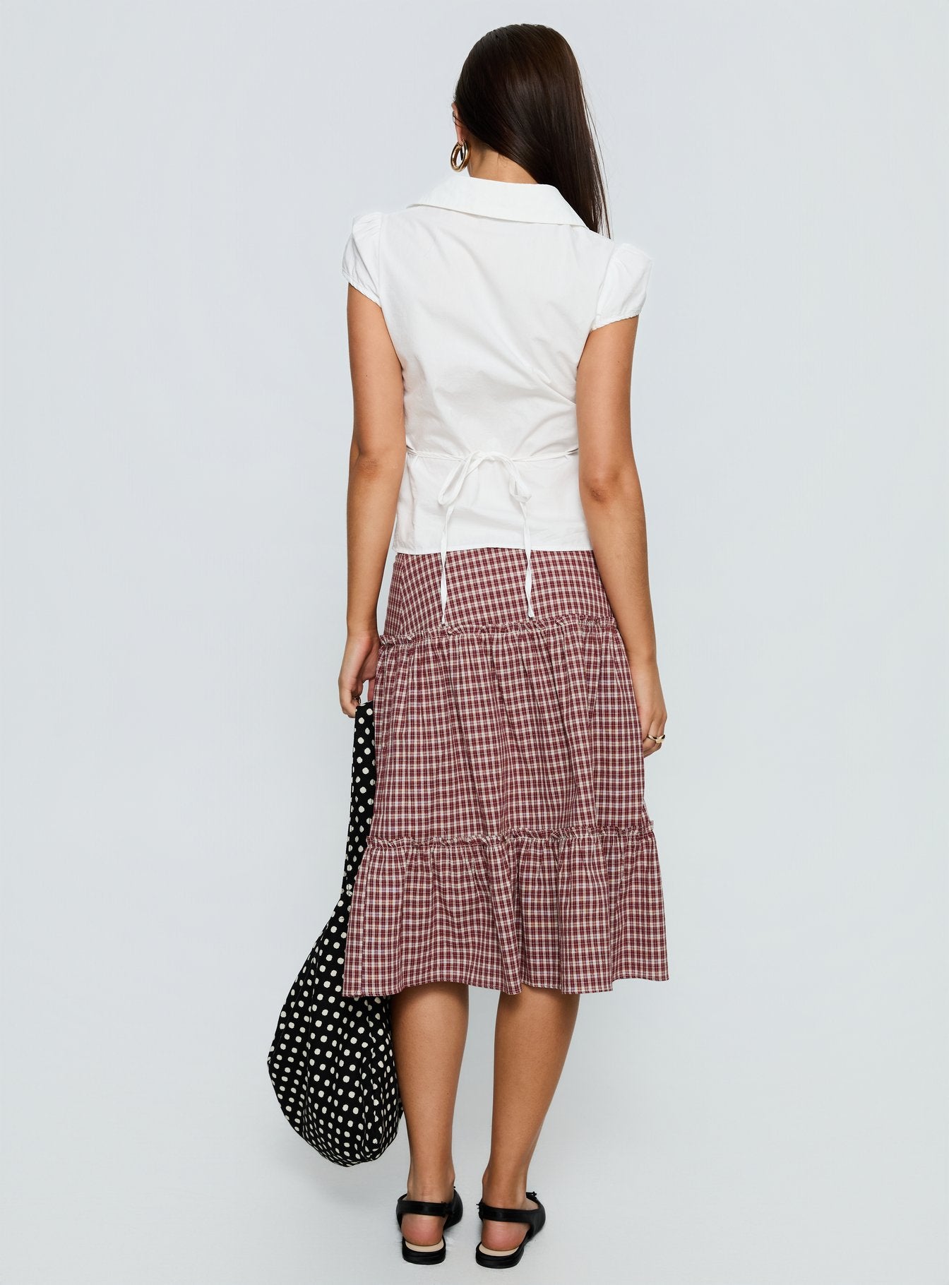 back view of model wearing Princess Polly Cascades Low Rise Midi Skirt Red Check Midi Skirts 