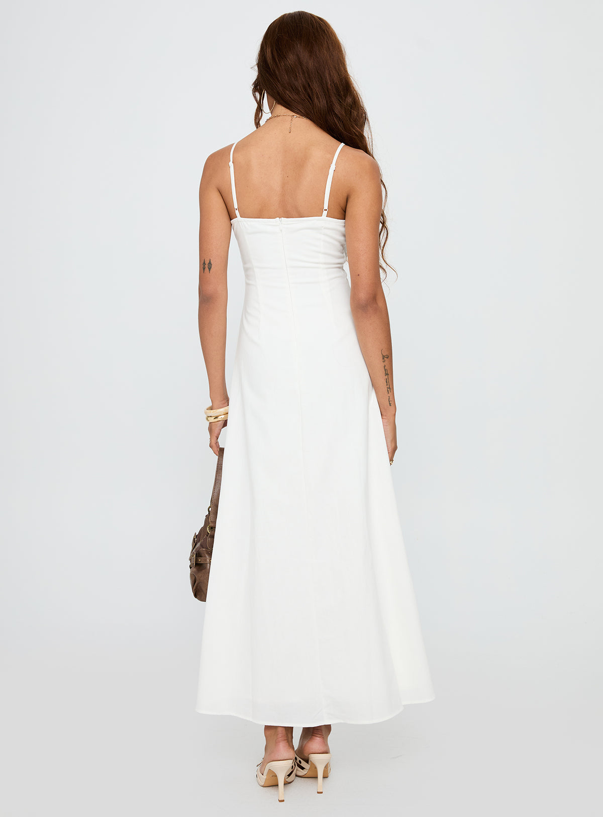 back view of model wearing Princess Polly Harkonnen Maxi Dress White Plunger 