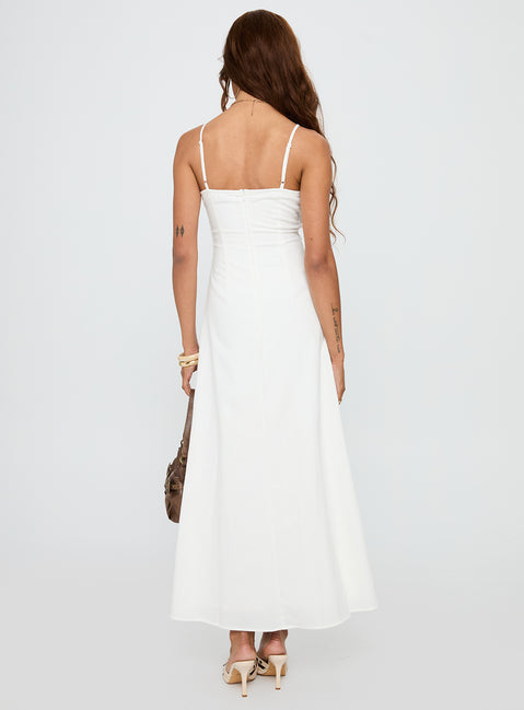 back view of model wearing Princess Polly Harkonnen Maxi Dress White Plunger 