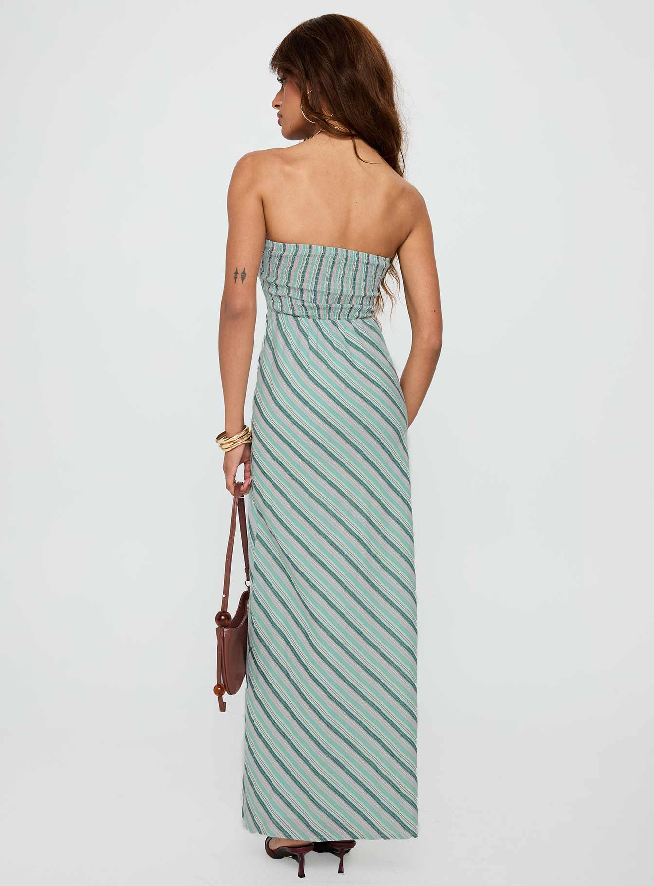 back view of model wearing Princess Polly Finchie Strapless Maxi Dress Blue Stripe Straight Neck 