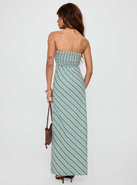 back view of model wearing Princess Polly Finchie Strapless Maxi Dress Blue Stripe Straight Neck 