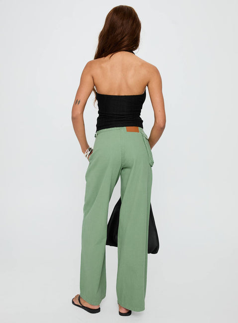 back view of model wearing Princess Polly Mercadi Mid Rise Straight Leg Cargo Jeans Green High Rise Jeans Jeans 