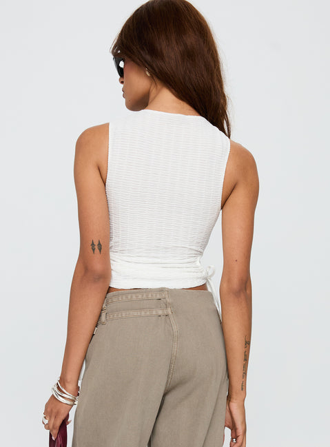 back view of model wearing Princess Polly Kaelis Tie Side Top White Sleeveless Crew Neck 