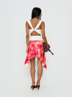 back view of model wearing Princess Polly Kimberlee Asymmetrical Midi Skirt Multi 