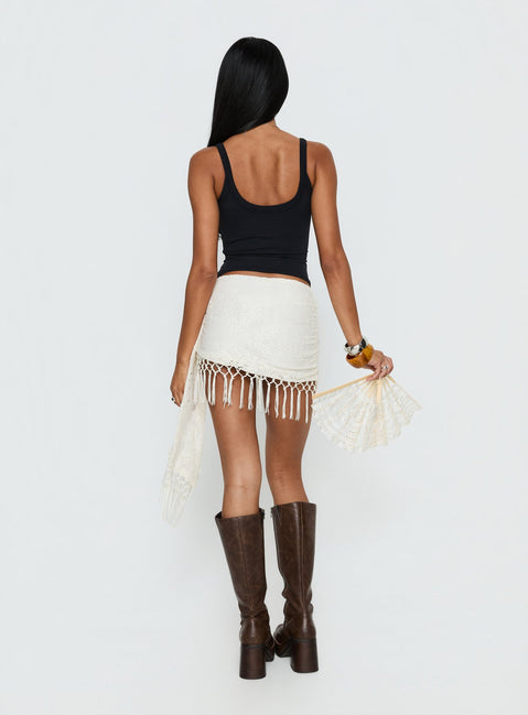back view of model wearing Princess Polly Winita Macrame Tassel Mini Skirt Cream Mini Skirts 