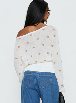 back view of model wearing Princess Polly Harvy Off Shoulder Knit Sweater White Polka regular 