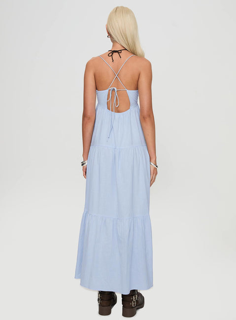 back view of model wearing Princess Polly Chelsea Maxi Dress Blue Plunger 