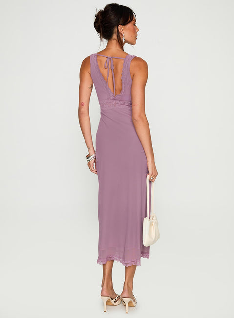 back view of model wearing Princess Polly Between The Lines Lace Trim Maxi Dress Purple Plunger 