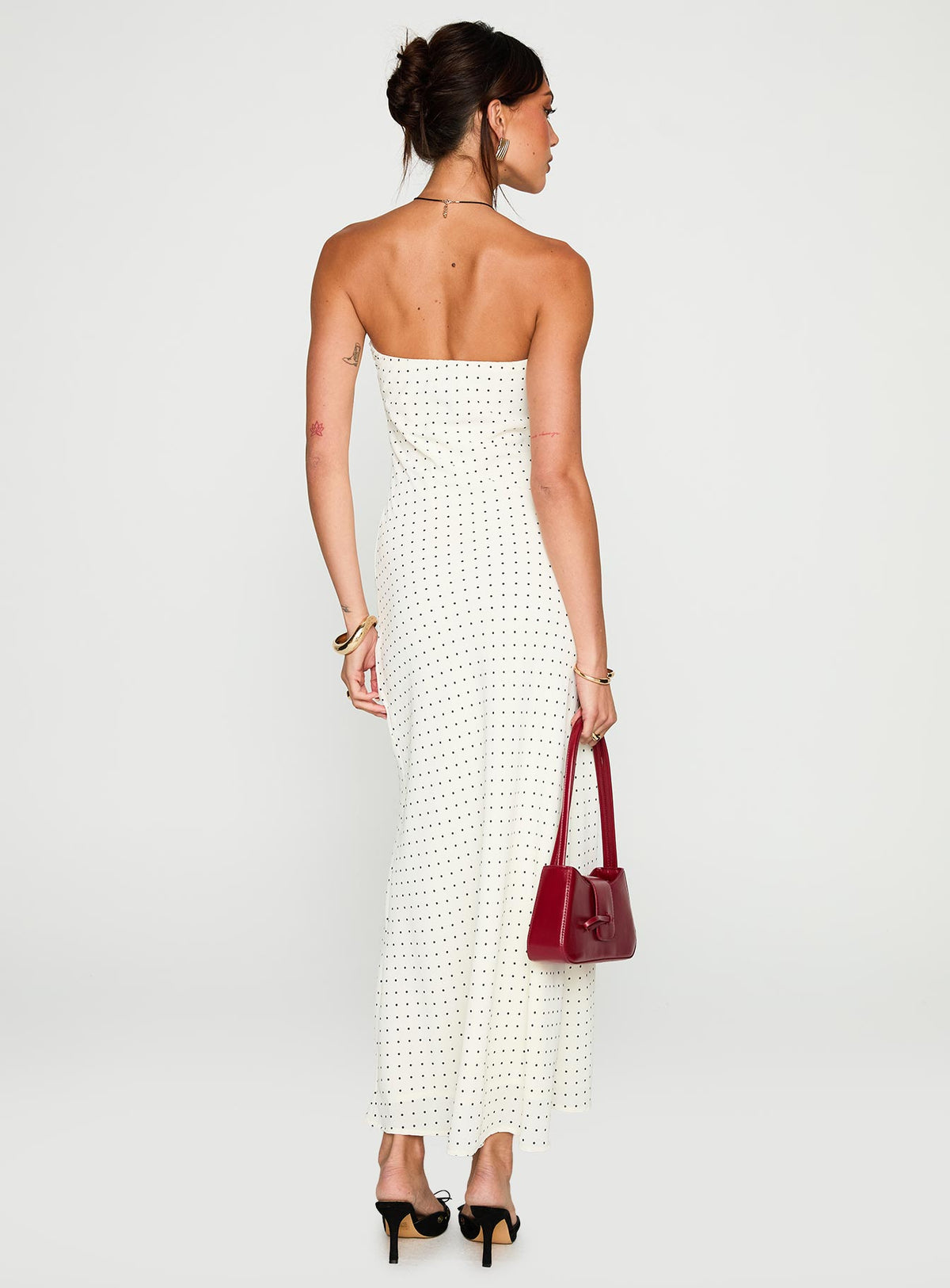 back view of model wearing Princess Polly Just For Fun Strapless Maxi Dress White Polka Dot Straight Neck 