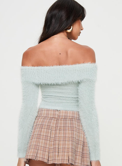 back view of model wearing Princess Polly Coecoe Off The Shoulder Sweater Grey Cropped Jumpers Jumpers 