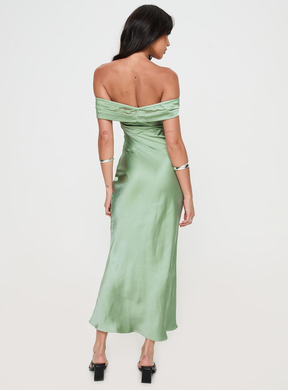 back view of model wearing Princess Polly Sadee Maxi Dress Sage Straight Neck 
