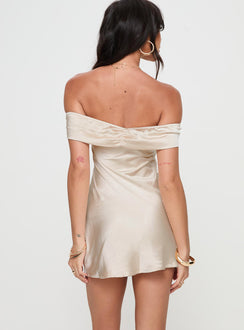 back view of model wearing Princess Polly Sadee Mini Dress Champagne Straight Neck 