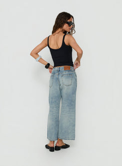 Styled with Sooki Low Rise Cropped Jeans in Light Vintage Blue womens-jeans featuring low-rise waist back view of model wearing Princess Polly