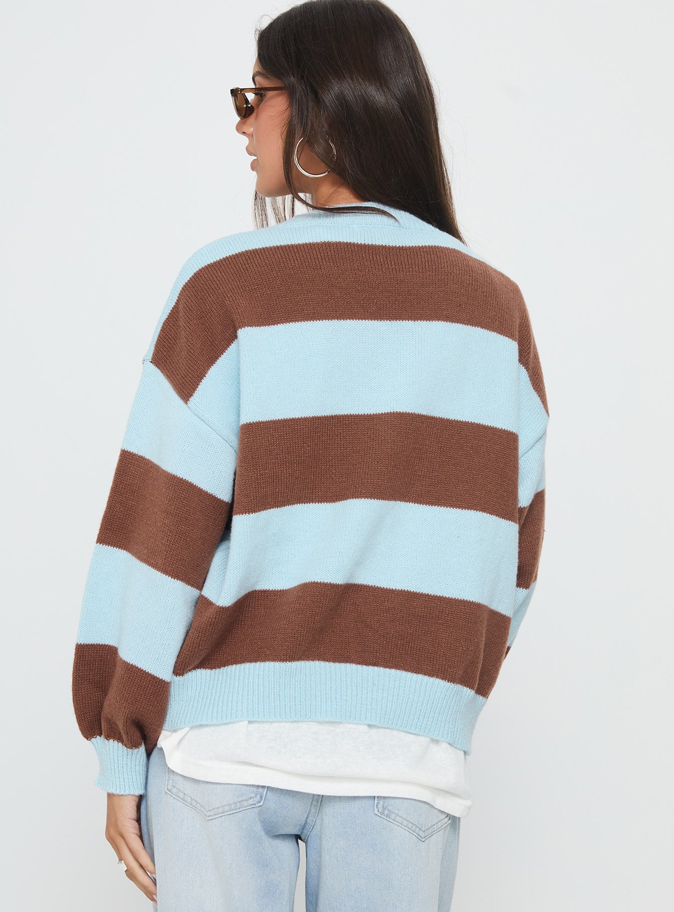 back view of model wearing Princess Polly Ardentia Crew Neck Knit Sweater Aqua Stripe Longline Jumpers 