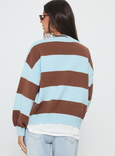 back view of model wearing Princess Polly Ardentia Crew Neck Knit Sweater Aqua Stripe Longline Jumpers 