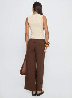 back view of model wearing Princess Polly Silver Moon Linen Blend Tie Pants Brown Petite Mid Rise Pants 