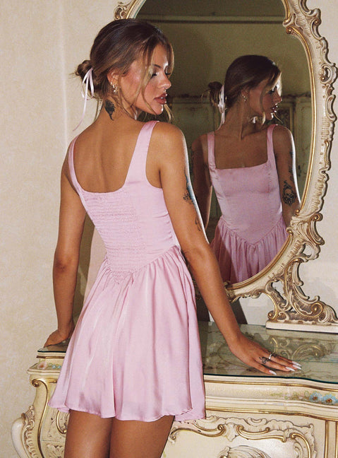 back view of model wearing Princess Polly Straplie Mini Dress Pink Square Neck 