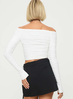 back view of model wearing Princess Polly Moreno Off The Shoulder Top White Full Sleeves straight 