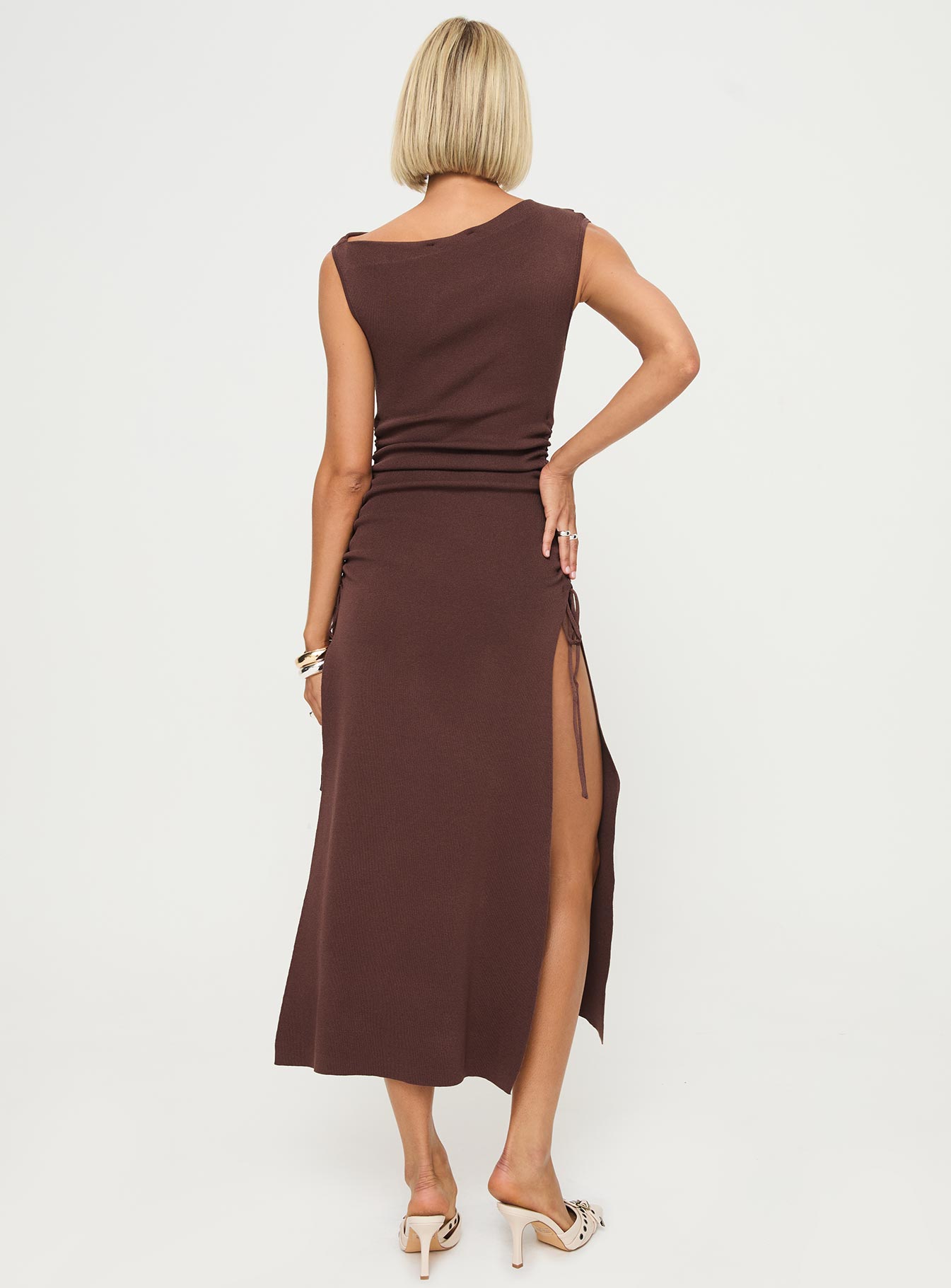 back view of model wearing Princess Polly Original Sin Dress Midi Dress Chocolate Asymmetric Neckline 