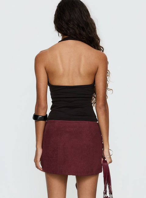 back view of model wearing Princess Polly Lowretta Faux Suede Belt Mini Skirt Burgundy Mini Skirts 