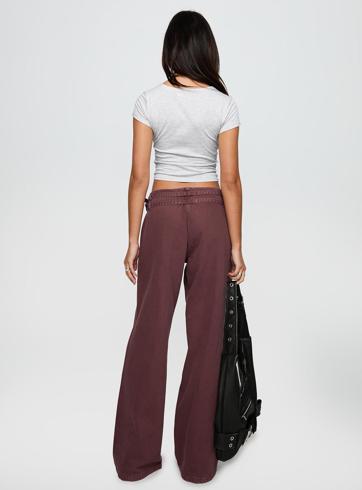 back view of model wearing Princess Polly Baccarat Belted Pant Chocolate Mid Rise 
