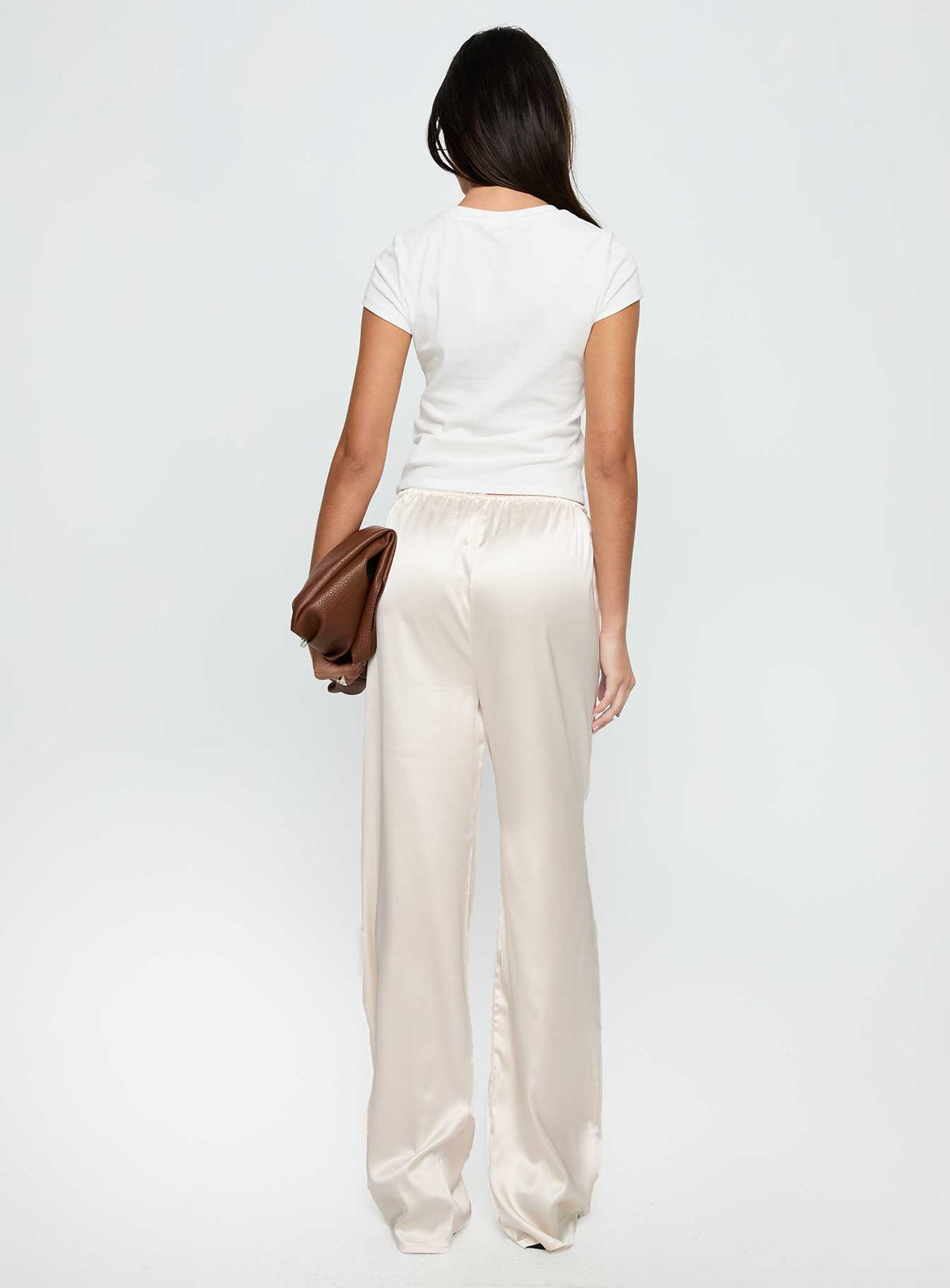 back view of model wearing Princess Polly Soulstar Satin Pants Champagne Low Rise Pants 