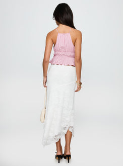 back view of model wearing Princess Polly Freebirds Lace Midi Skirt White Midi Skirts Skirts 