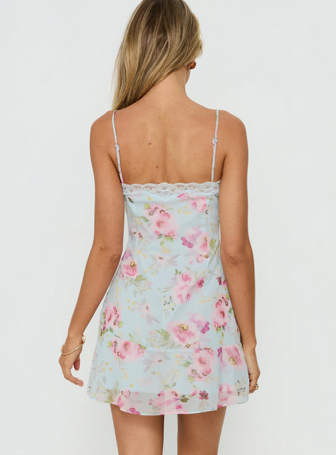 Sandia Lace Trim Mini Dress Blue Floral