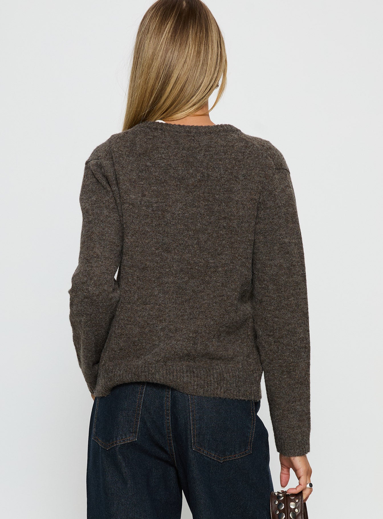 Presenting the Better Than Fiction Cardigan Mocha womens-jumpers in short oversized fit back view of model wearing Princess Polly