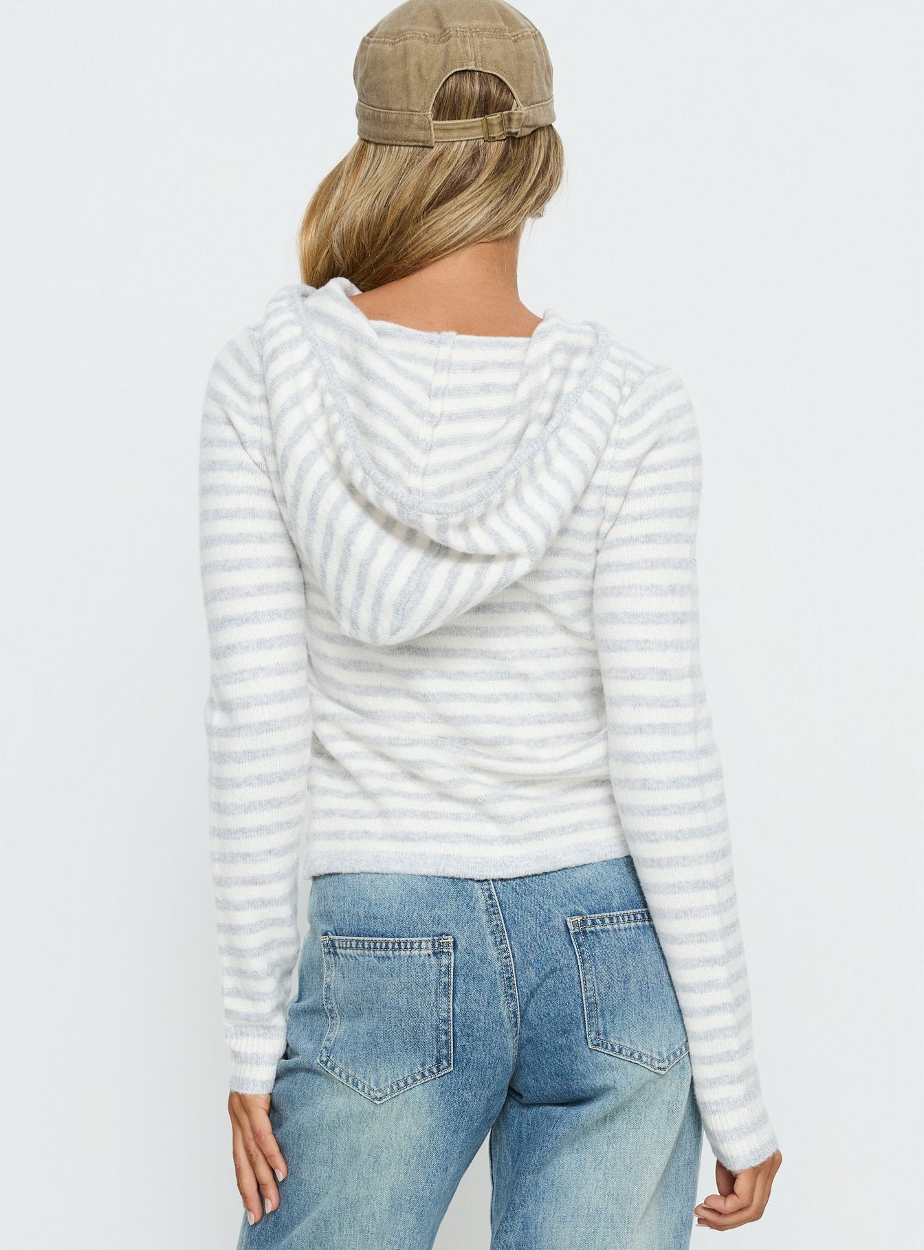 back view of model wearing Princess Polly Superstars Zip Through Hoodie Grey / Cream Stripe 