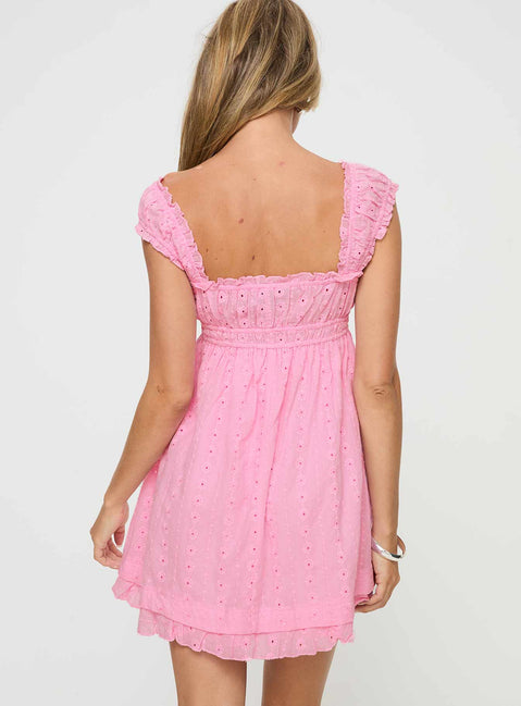 back view of model wearing Princess Polly Carlita Mini Dress Pink Petite Square Neck 