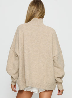 back view of model wearing Princess Polly Patrizia Funnel Neck Knit Sweater Beige 