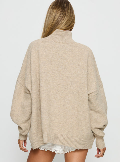 back view of model wearing Princess Polly Patrizia Funnel Neck Knit Sweater Beige 