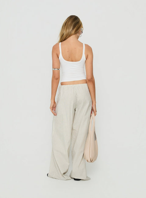 Discover the Lunea Concealed Waistband Pants Pinstripe womens regular pants with mid-rise back view of model wearing Princess Polly