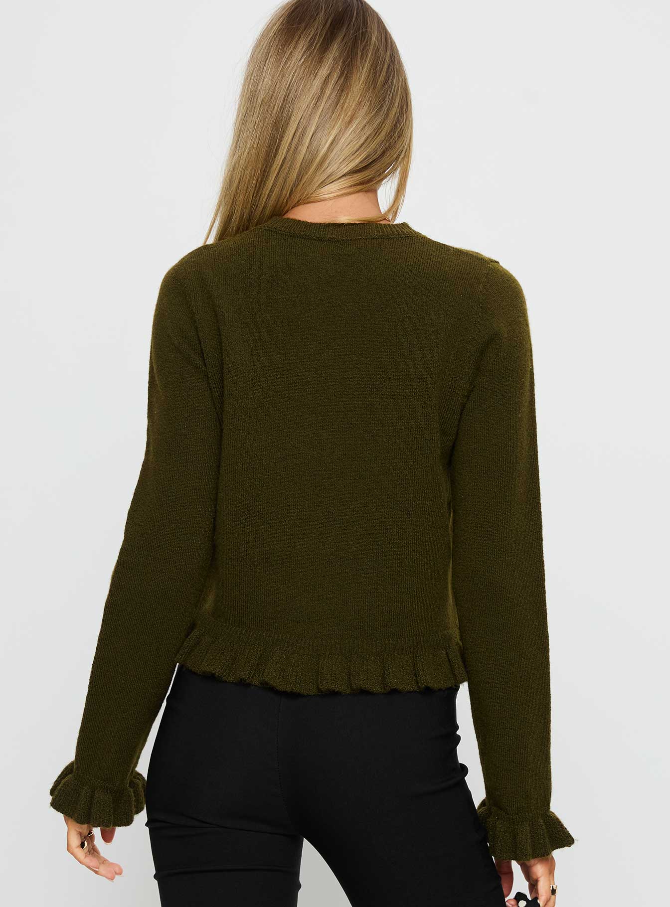 back view of model wearing Princess Polly Inclination Frill Cardigan Moss Cropped 