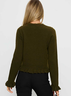 back view of model wearing Princess Polly Inclination Frill Cardigan Moss Cropped 