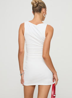 back view of model wearing Princess Polly Eklund Mini Dress White High Neck 