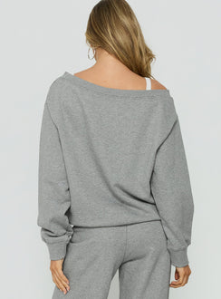Presenting the Wellness Off The Shoulder Jumper Dark Grey Marle in womens-jumpers with long length, boat neckline and oversized fit back view of model wearing Princess Polly