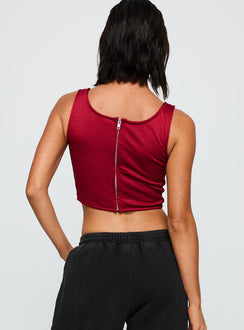 back view of model wearing Princess Polly USC Jersey Corset Top Cardinal Sleeveless Square Neck 