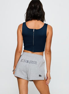 back view of model wearing Princess Polly UC San Diego Soffee Short Heather Grey High Waisted Shorts 