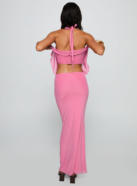 back view of model wearing Princess Polly De Angelo Maxi Skirt Pink Maxi Skirts Skirts 