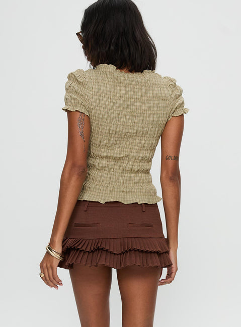 back view of model wearing Princess Polly Deei Double Ruffle Mini Skort Chocolate Low Rise Shorts 