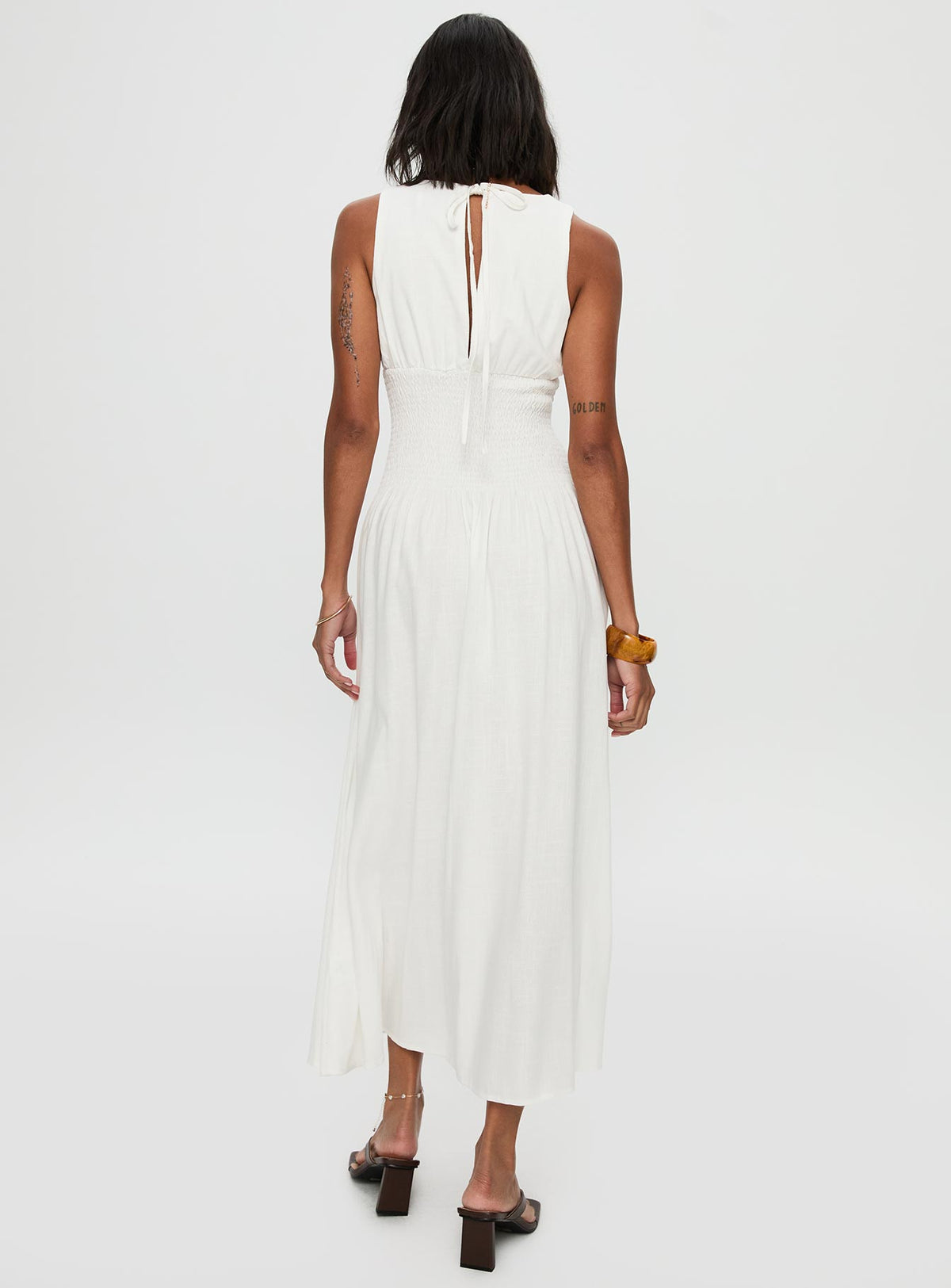 back view of model wearing Princess Polly Lilienne Shirred Maxi Dress White Crew Neck 