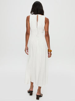 back view of model wearing Princess Polly Lilienne Shirred Maxi Dress White Crew Neck 