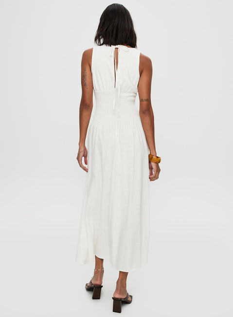 back view of model wearing Princess Polly Lilienne Shirred Maxi Dress White Crew Neck 