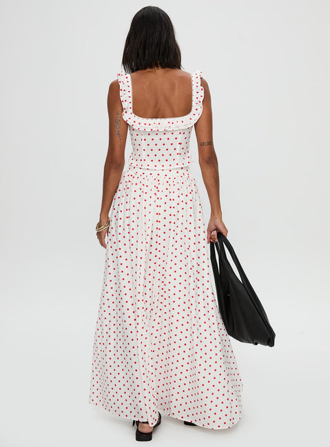 back view of model wearing Princess Polly Valerio Maxi Skirt White / Red Maxi 