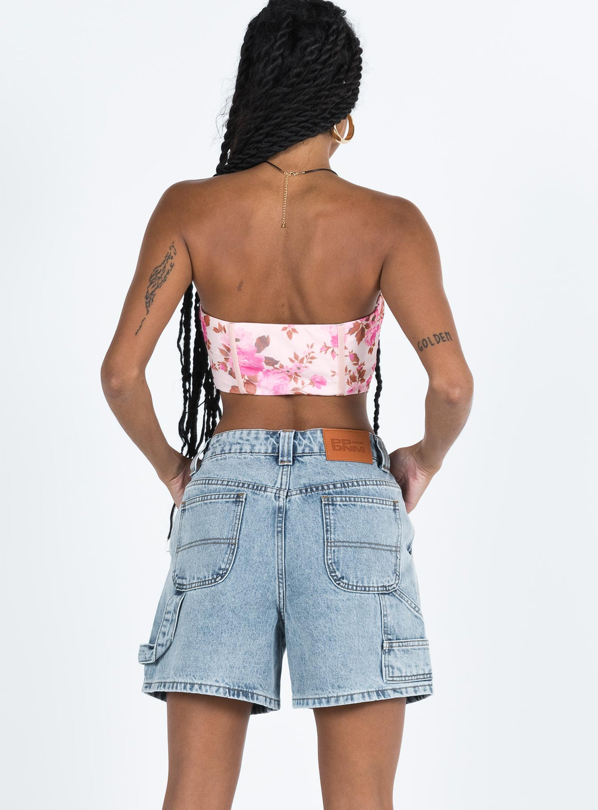 back view of model wearing Princess Polly Lou Carpenter Denim Shorts Light Wash Lower Impact High Waisted Shorts 