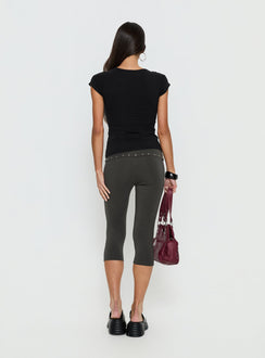 back view of model wearing Princess Polly Enmu Capri Trouser Charcoal Grey Mid Rise Pants 